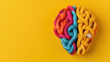 Colorful yarn braided into a brain shape on a vibrant yellow background symbolizing creativity and intelligence. photo