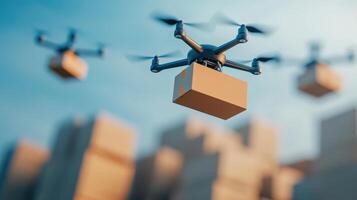 A drone delivering a package with a cityscape background, illustrating the future of urban delivery and logistics technology. photo