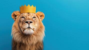 A majestic lion wearing a golden crown against a blue background, symbolizing royalty and strength. photo