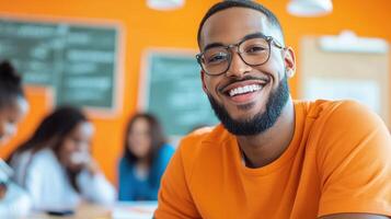 Cheerful young man in glasses smiling in a vibrant classroom setting with classmates in the background. photo