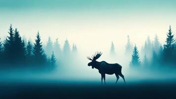 A majestic moose stands in a misty forest at dawn, surrounded by tall evergreen trees, creating a serene and atmospheric scene. photo