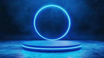 Abstract blue neon circle with glowing light on a podium in a dark room, futuristic and modern design, perfect for tech displays. photo