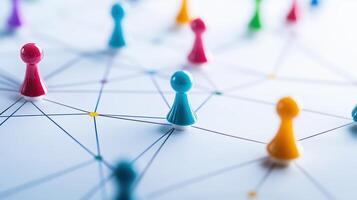 Colorful game pieces connected by lines representing a network and communication concept, showcasing teamwork and strategic planning. photo