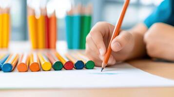 Close-up of a child's hand drawing with a colored pencil on paper, with colorful pencils in the background. photo
