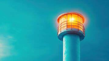 A lighthouse with a glowing light against a vibrant blue sky, symbolizing guidance, hope, and safety for maritime navigation. photo