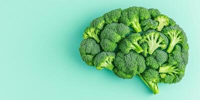 Creative broccoli arrangement resembling a brain on a light green background, symbolizing healthy eating and brain food. Copy space on the left. photo