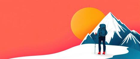 Digital illustration of a hiker with mountains and sunset background, highlighting outdoor adventure and exploration. photo