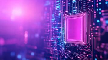 Close-up of a futuristic microchip with glowing circuits in a vibrant, pink and blue atmosphere, representing advanced technology and innovation. photo