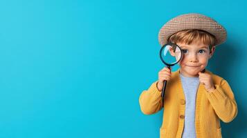 Cute young boy wearing a hat and holding a magnifying glass, standing against a vibrant blue background. Curious child ready for adventure. photo