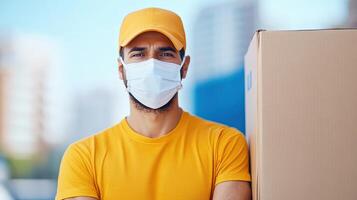 Delivery man in yellow uniform wearing a face mask, holding a box, representing safety and essential services during pandemic. photo
