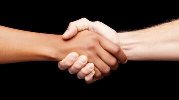 A close-up of two hands shaking, symbolizing unity, agreement, and collaboration between diverse individuals. photo