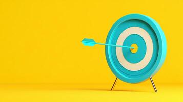 A vibrant target with an arrow hitting the center, set against a bright yellow background, symbolizing focus and achievement. photo