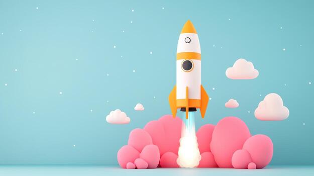 A colorful rocket launching from fluffy pink clouds against a light blue background, symbolizing adventure and exploration. photo