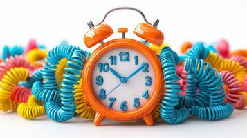 Vibrant alarm clock surrounded by colorful, playful coils, symbolizing time management and creativity. photo