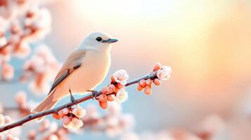A delicate bird perched on a blooming branch, surrounded by soft pastel colors reflecting the beauty of nature in spring. photo