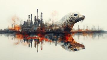 A surreal fusion of nature and industry, showcasing a seal against an industrial cityscape with reflections in the water. photo