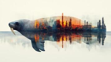 A creative blend of a walrus silhouette and an industrial landscape, symbolizing the connection between nature and industry. photo