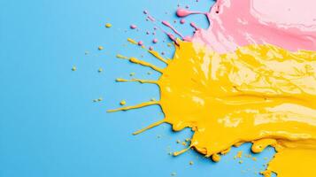 Vibrant color splashes on a blue background, showcasing artistic expression and creativity with bright hues of yellow and pink paint. photo