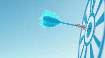 A close-up of a blue dart hitting the bullseye of a target, symbolizing success and achievement in goals and objectives. photo