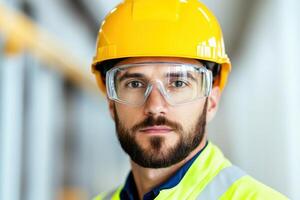 Portrait of a confident construction worker wearing a yellow hard hat and safety goggles, ready for a new project. photo