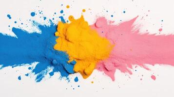Vibrant explosion of blue, yellow, and pink powder creating a dynamic and colorful backdrop for artistic projects. photo