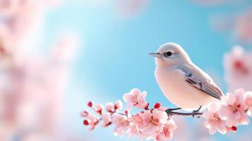 A delicate bird perched on a blooming cherry blossom branch, capturing the essence of spring against a soft, serene background. photo