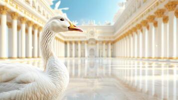 Elegant white goose stands majestically in a grand, ornate hall with reflective floor and pillars, showcasing beauty and tranquility. photo