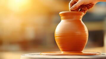 A skilled artisan shapes a clay pot on a pottery wheel, showcasing craftsmanship and creativity in a beautiful outdoor setting. photo
