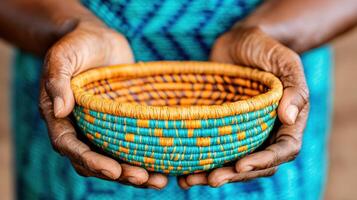 A beautifully handcrafted woven basket held by hands, showcasing intricate patterns and vibrant colors, perfect for decor or storage. photo