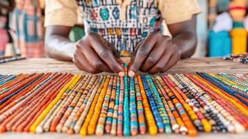 A skilled artisan arranging colorful beads on a wooden table, showcasing intricate craftsmanship and vibrant design. photo