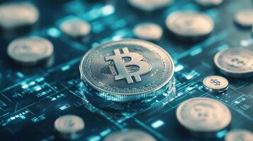 Close-up of a Bitcoin on a digital background, symbolizing cryptocurrency and technological advancement in finance. photo