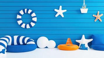 Bright and cheerful beach-themed decor with blue wall, starfish, and colorful cushions for a playful atmosphere. photo