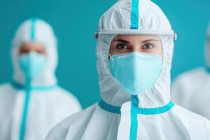 A healthcare professional in protective gear, highlighting safety and commitment during a medical scenario. photo