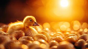 A cute duckling nestled among golden eggs, glowing in the warm sunlight, symbolizing new beginnings and nature's beauty. photo