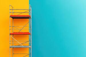 A colorful scene featuring a metal scaffolding against vibrant blue and yellow walls, showcasing industrial and artistic elements. photo