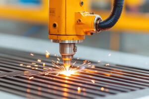 Close-up of a laser cutting machine in action, producing sparks while cutting metal for precise manufacturing. photo