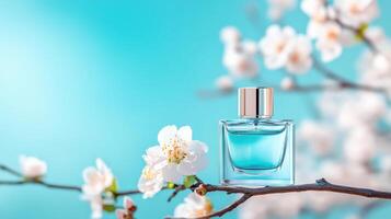 Elegant perfume bottle with a serene blue hue, surrounded by delicate blossoms, perfect for beauty and fragrance themes. photo