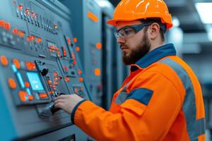 A technician operating machinery with control panels in an industrial setting, wearing safety gear and focused on the task. photo