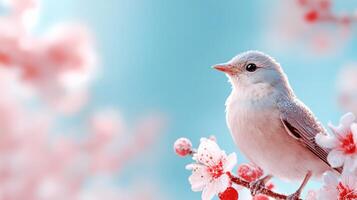 A serene bird perched on a branch, surrounded by beautiful pink blossoms against a soft blue background, representing tranquility. photo