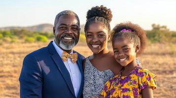 A joyful family portrait capturing the bond between a father, daughter, and granddaughter in a beautiful outdoor setting. photo