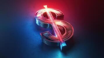 A vibrant dollar sign illuminated with red and blue lights, symbolizing finance and wealth in a modern setting. photo