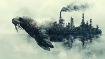 A surreal blend of nature and industry, featuring a walrus emerging from a misty landscape with an oil refinery in the background. photo