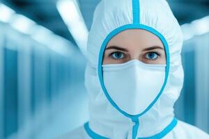 A portrait of a person in a protective suit and mask, emphasizing safety and health in a sterile environment. photo
