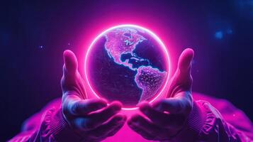 A vibrant, glowing depiction of Earth held gently in hands, symbolizing care for the planet and a bright future. photo