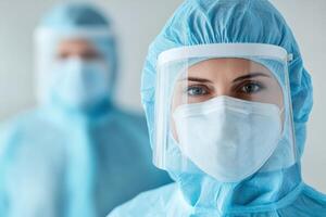 Close-up of a healthcare professional in protective gear, highlighting the importance of safety during medical procedures. photo