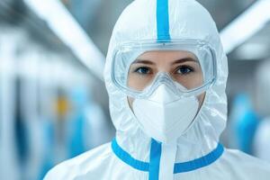 Close-up of a healthcare worker in protective gear, emphasizing safety and preparedness in a medical environment. photo