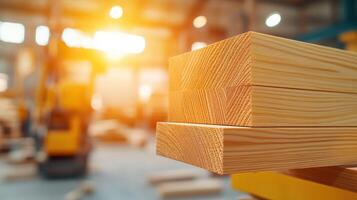 Wooden planks stacked in a warehouse with warm sunlight illuminating the background, showcasing a storage environment. photo