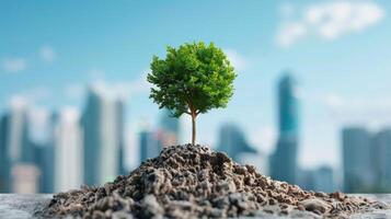 A solitary tree growing from a mound of earth, symbolizing resilience and hope amidst an urban skyline. photo