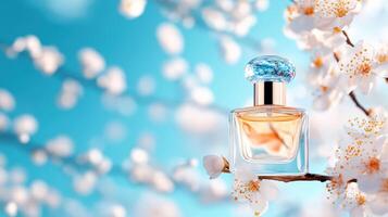Elegant perfume bottle surrounded by blooming flowers against a soft blue background, evoking freshness and beauty. photo