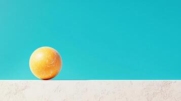 A vibrant orange sphere rests on a minimalist surface against a solid turquoise background, evoking simplicity and freshness. photo